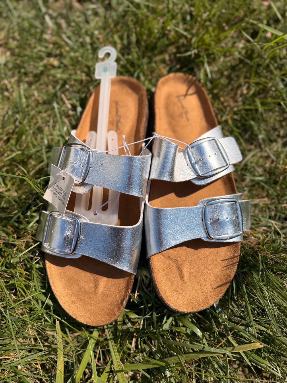 Universal Thread Metallic Silver Double-Buckle Slide Sandals